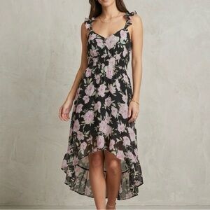 No Boundaries Floral Hi-Low Dress XXL (19) Black Pink Ruffle Hem NWT